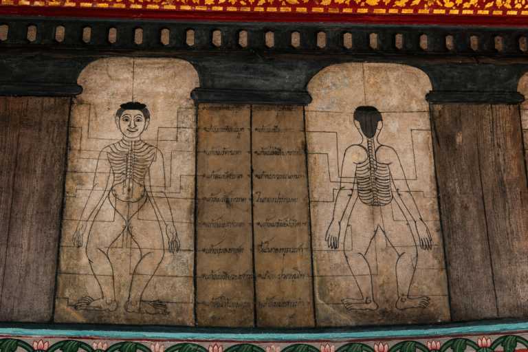 Granite plaques inscribed during the 19th-century temple renovation map out human anatomy, therapeutic recipes, and reflexology